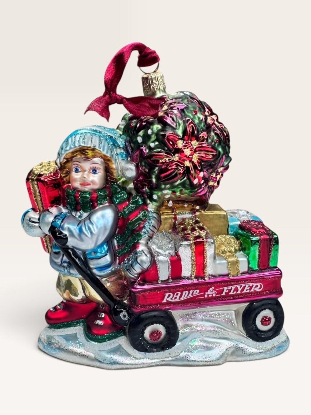 Radio Flyer Wagon Boy Poinsettia Tree Blown Glass Christmas Ornament 2002